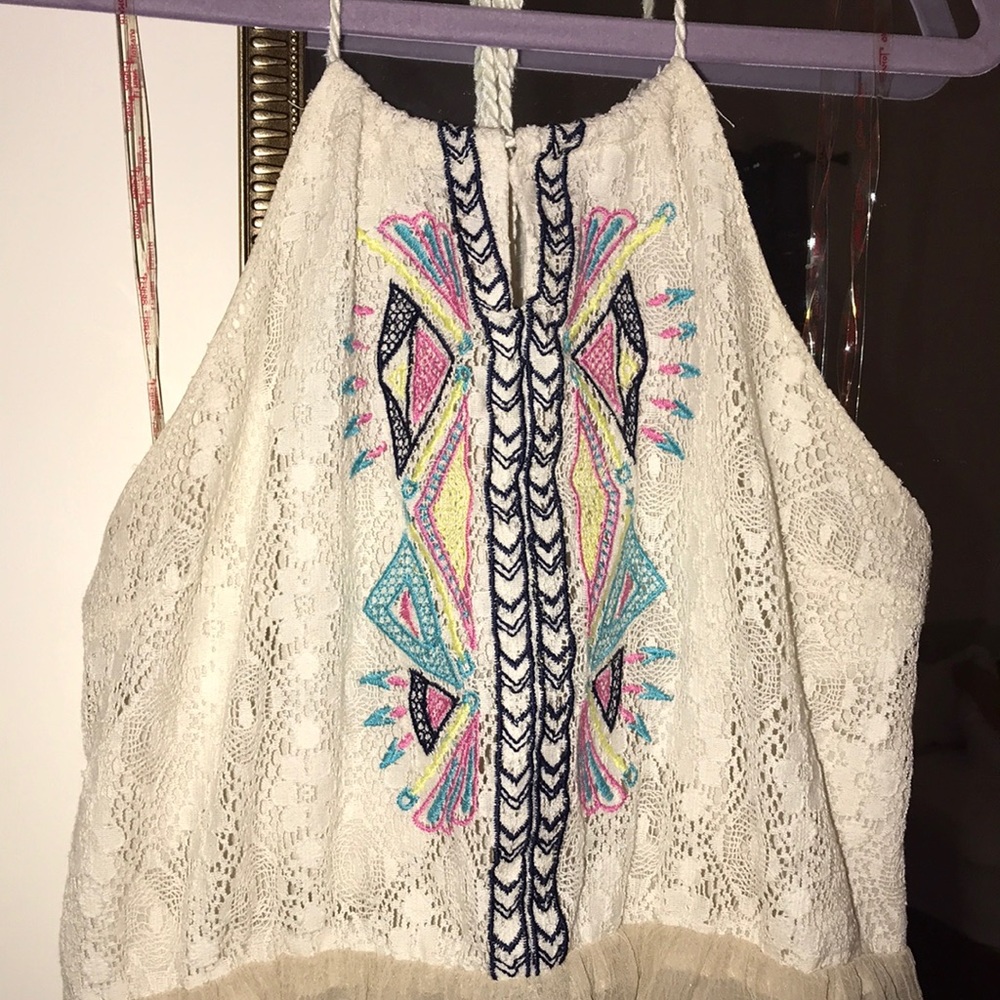 Lace top halter mini dress, open back